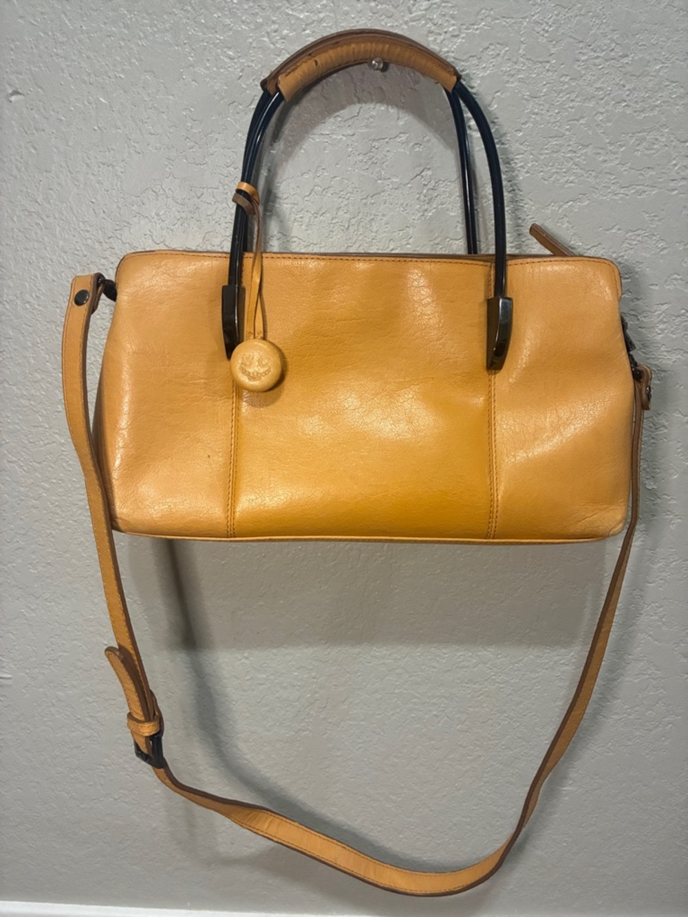 Yellow Leather Satchel with Top Handles and Crossbody Strap